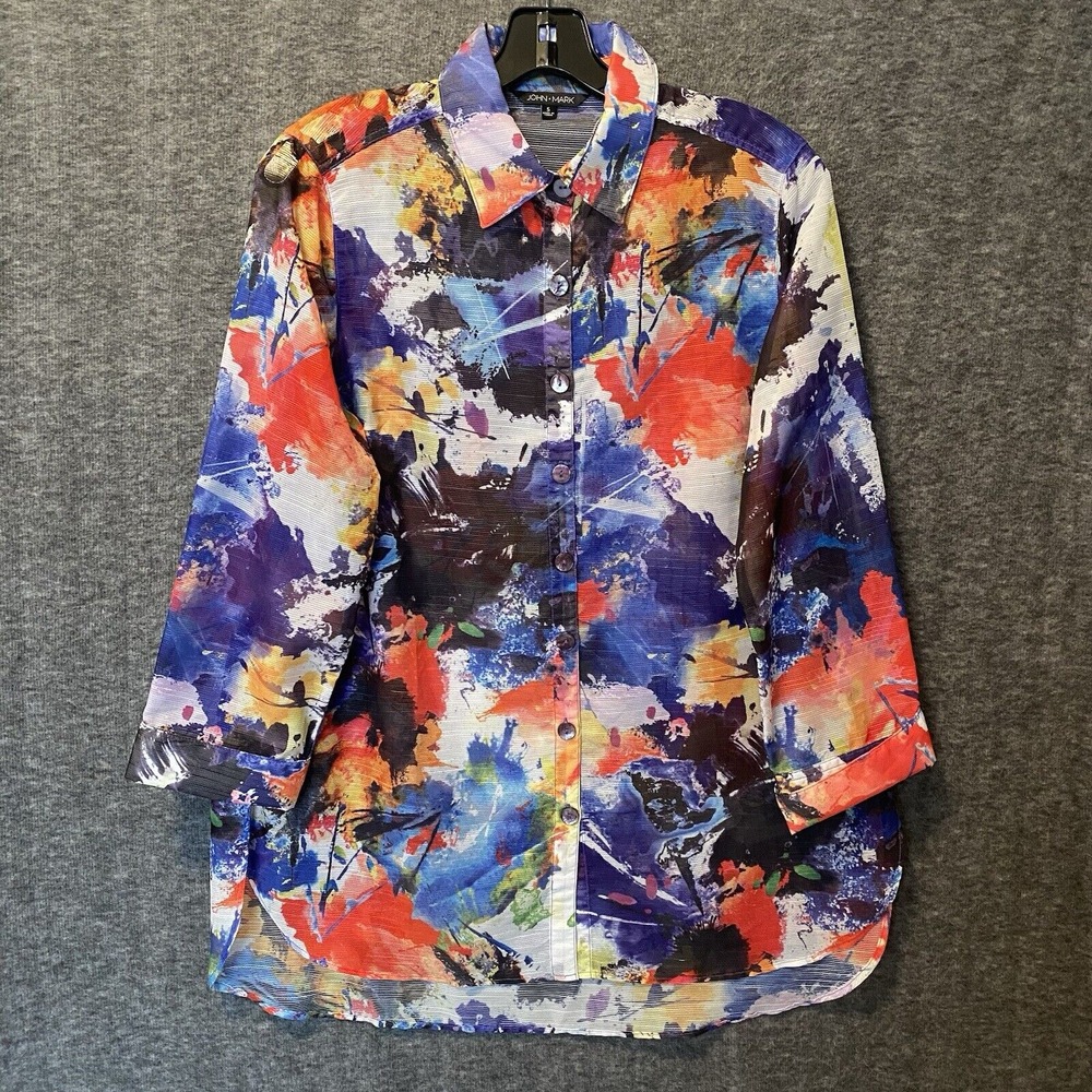 John Mark Top Womens Small Multi Floral Art To Wear Sheer Artsy Button Up Blouse